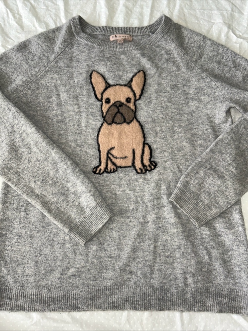 PHILOSOPHY Women’s Medium 100% Cashmere Sweater FRENCH BULLDOG Gray Crewneck